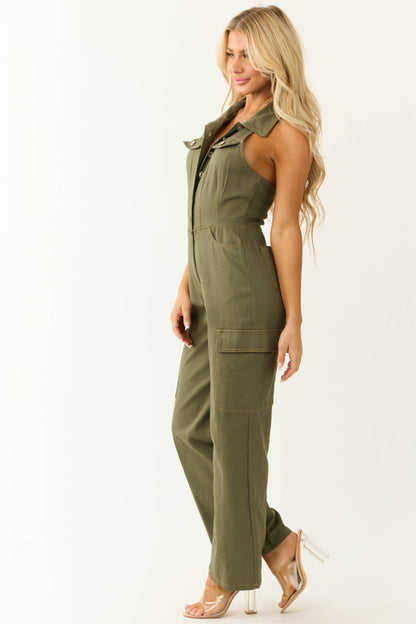 Army Halter Button Up Denim Cargo Jumpsuit