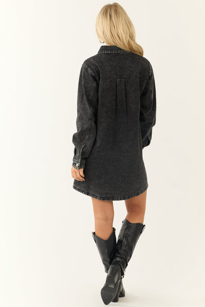 Black Denim Button Down Long Sleeve Mini Dress