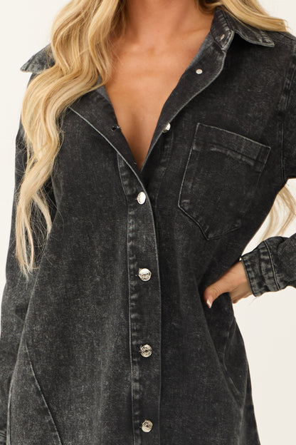 Black Denim Button Down Long Sleeve Mini Dress