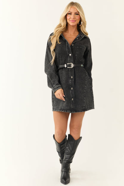 Black Denim Button Down Long Sleeve Mini Dress