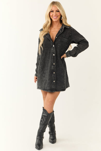 Black Denim Button Down Long Sleeve Mini Dress