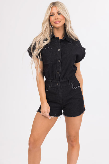 Black Denim Washed Distressed Romper