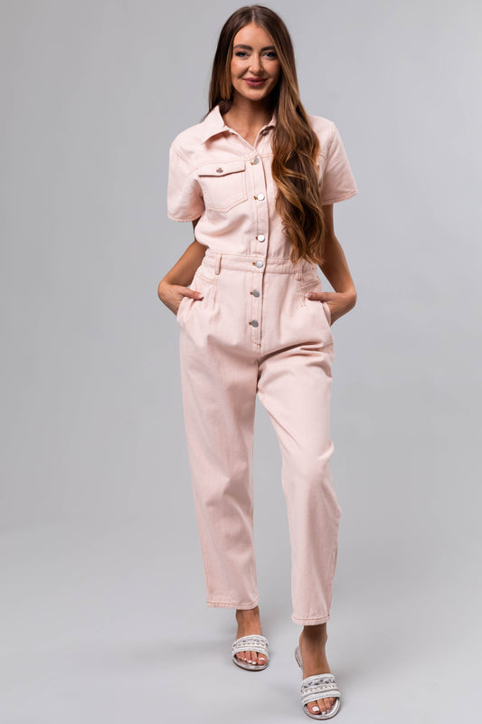 Blush Denim Button Up Short Sleeve Jumpsuit