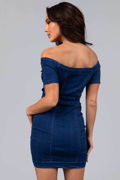 Dark Wash Denim Off Shoulder Button Mini Dress