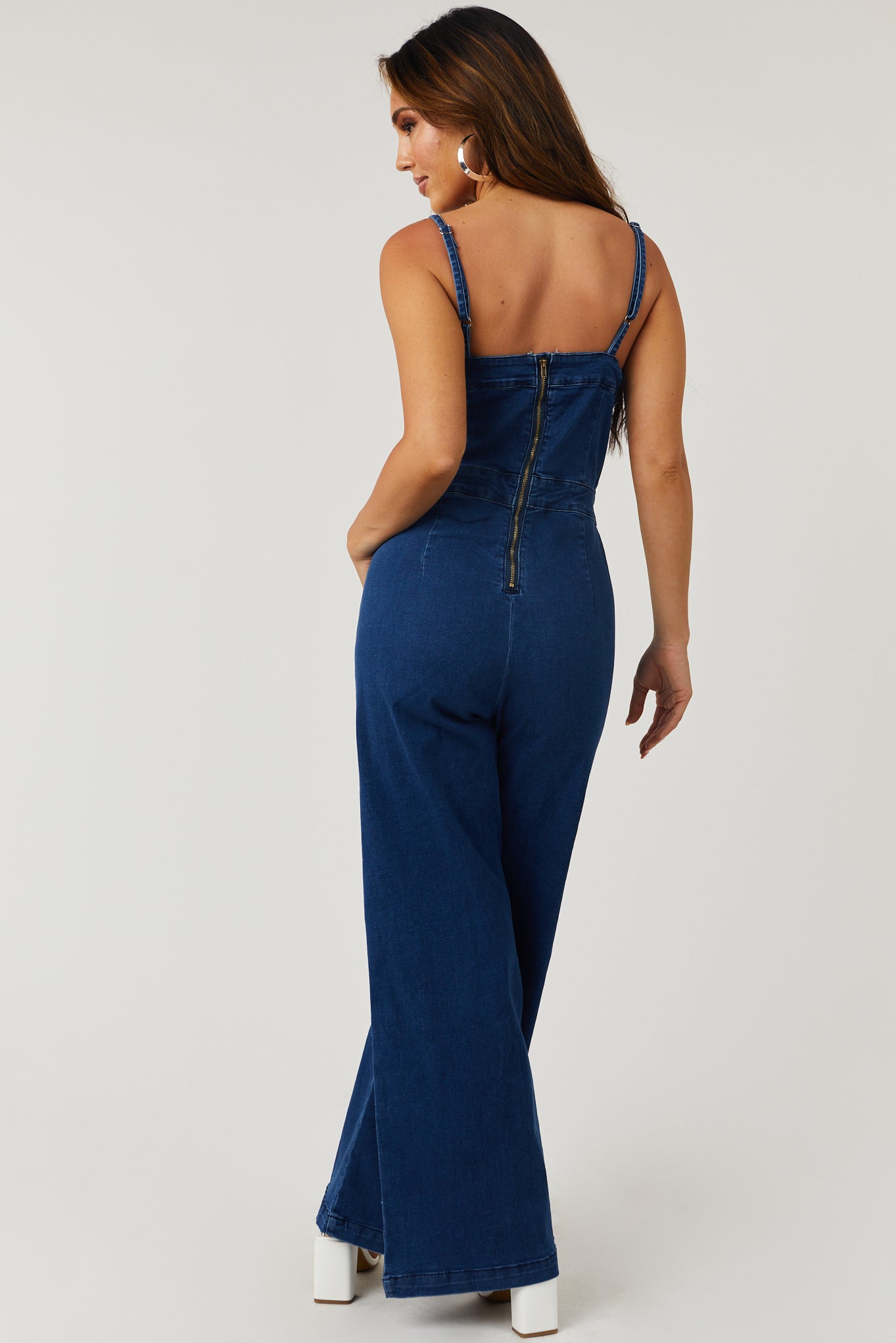 Dark Wash Notch Neck Stretchy Denim Jumpsuit