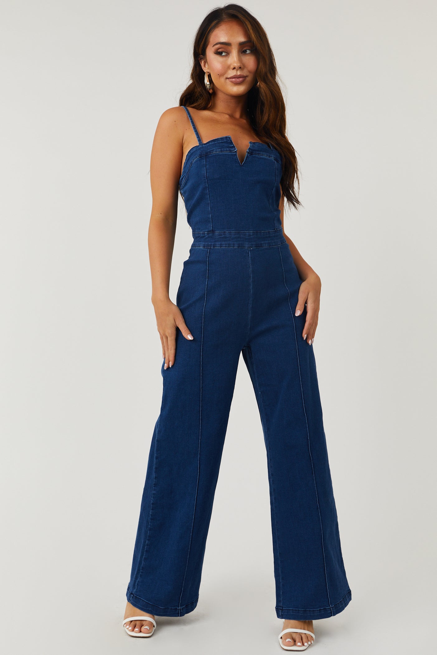 Dark Wash Notch Neck Stretchy Denim Jumpsuit