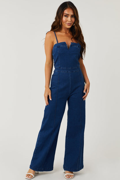 Dark Wash Notch Neck Stretchy Denim Jumpsuit