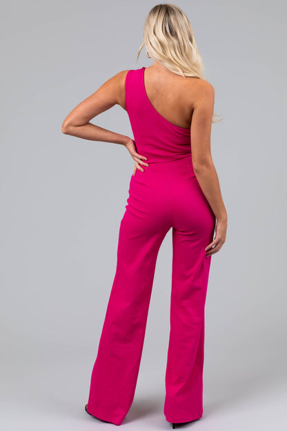 Magenta Denim One Shoulder Zipper Front Jumpsuit