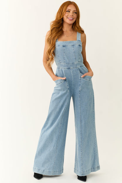 Medium Wash Denim Wide Leg Jumpsuit