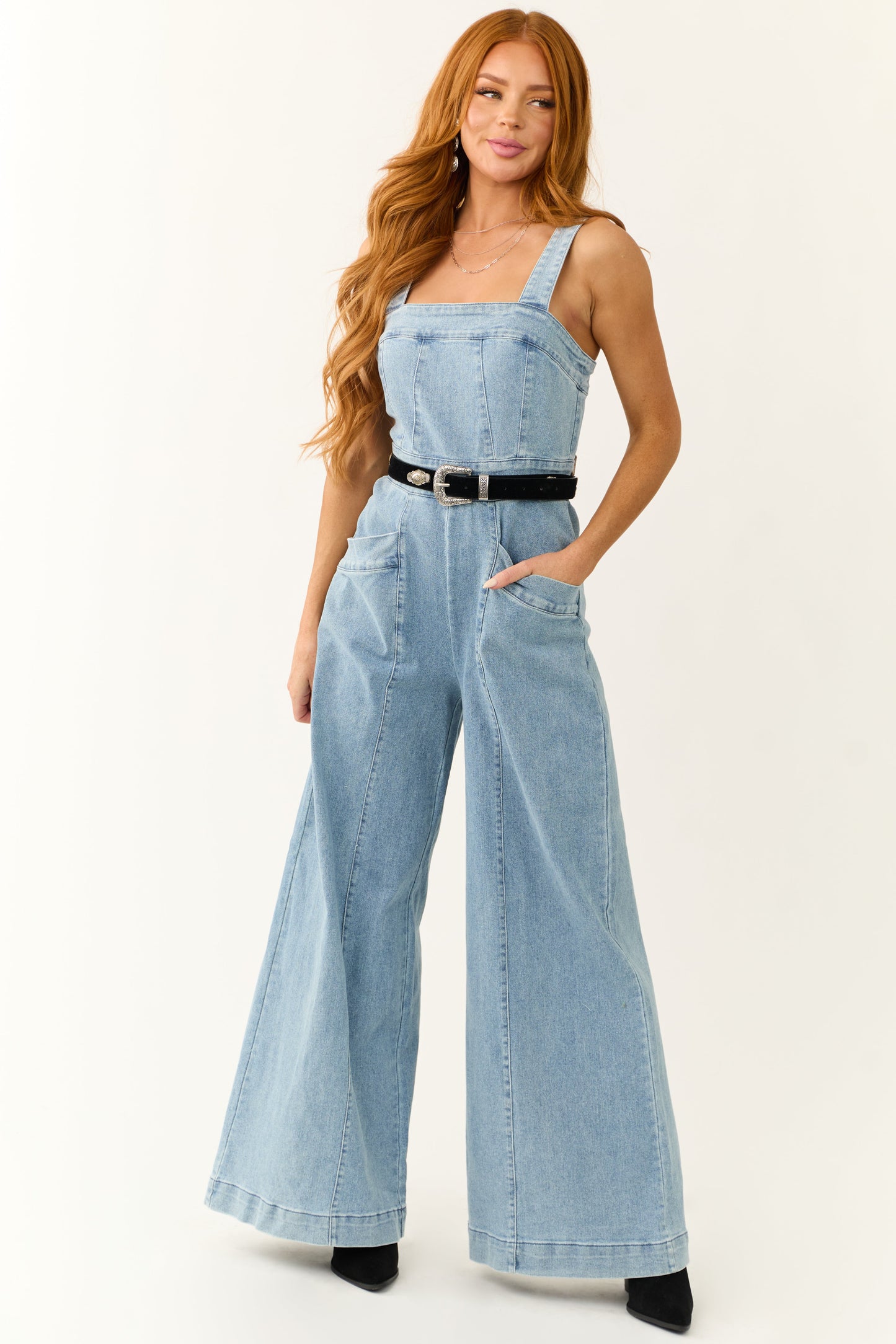 Medium Wash Denim Wide Leg Jumpsuit