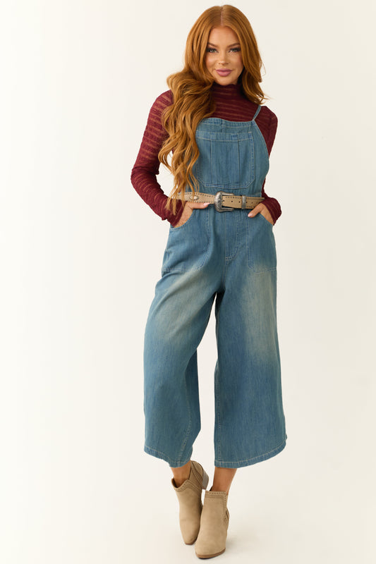 Medium Wash Denim Wide Leg Overalls Jumpsuit