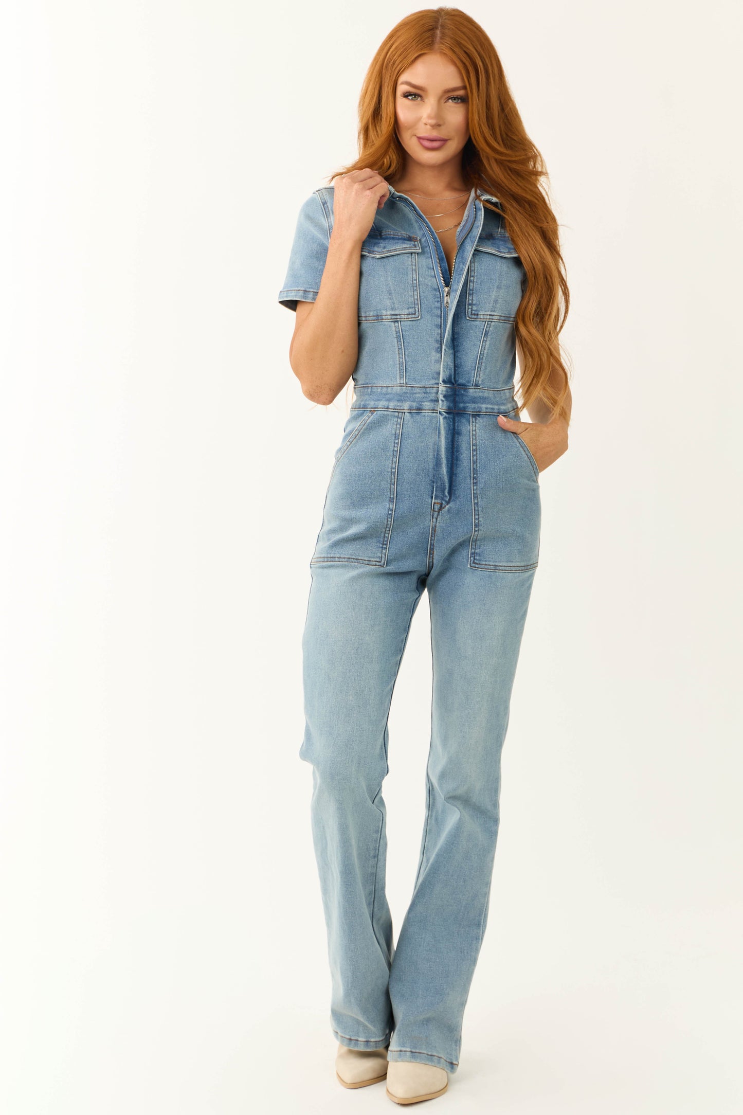 Medium Wash Denim Zip Up Short Sleeve Jumpsuit