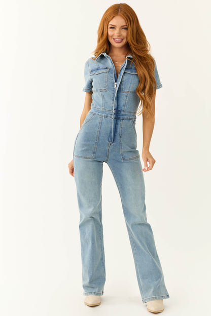 Medium Wash Denim Zip Up Short Sleeve Jumpsuit