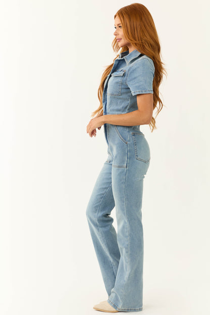 Medium Wash Denim Zip Up Short Sleeve Jumpsuit